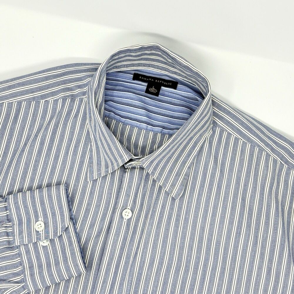 Banana Republic Shirt Mens L‎ Blue Striped 100% Cotton Long Sleeve Button Up